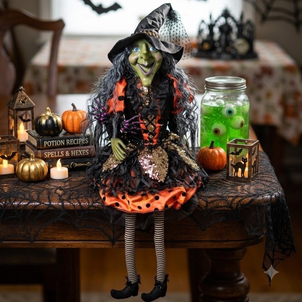 Halloween Shelf Sitter Witch Doll 30" Green Face Sequin Tulle Dress Spider
